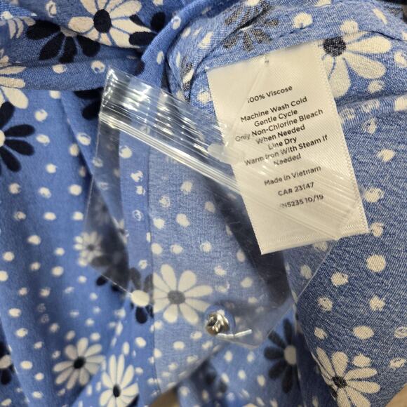 Talbots Poet Sleeve Faux Wrap Top sz L Blue White Flowers Dots Boho - Picture 11 of 15